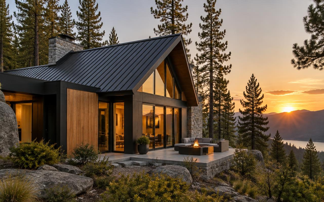 Matte black standing seam metal roof on a modern wood-sided mountain cabin at sunset