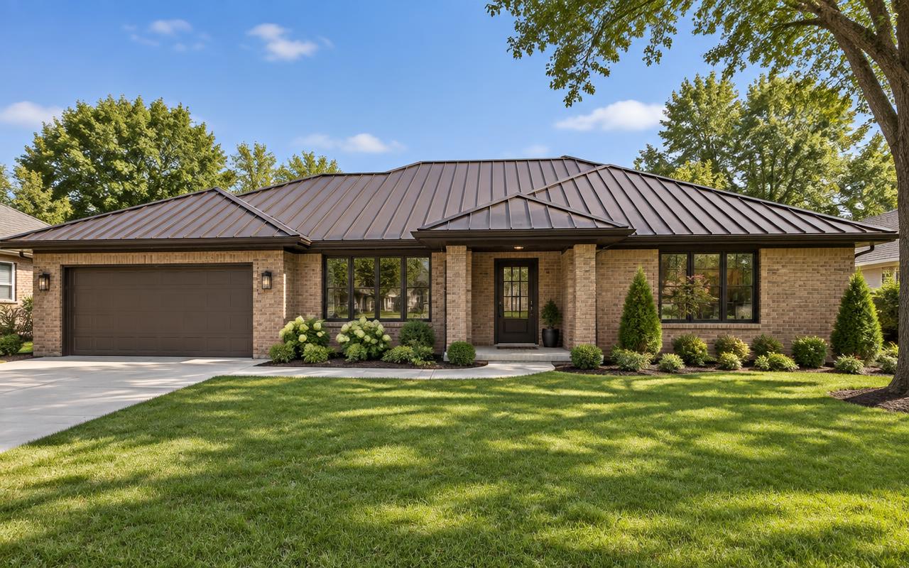 Dark bronze metal panel roof on a single-story brick ranch home