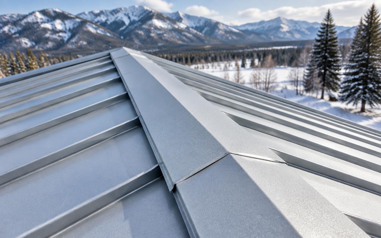 Close-up of a silver galvalume standing seam metal roof ridge cap with snowy mountains behind