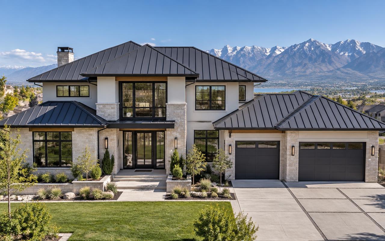 Charcoal standing seam metal roof on a large two-story foothill home with mountains behind it
