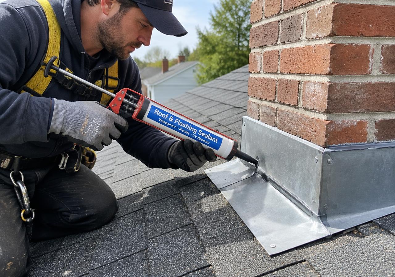 Roofer applying sealant to repair a leak around chimney flashing