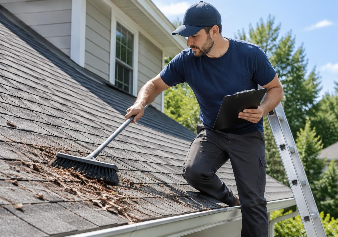 Roofer sweeping debris off shingles during a maintenance visit