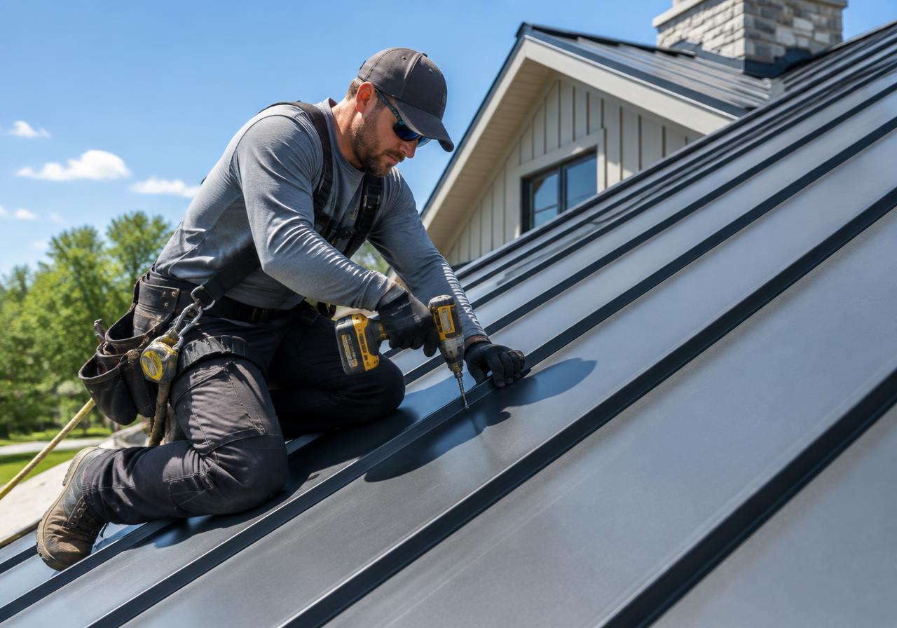 Roofer fastening panels on a charcoal standing seam metal roof