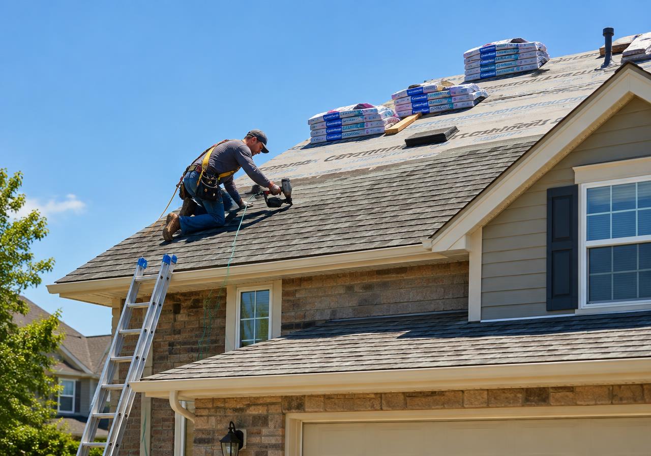 Roofer installing new asphalt shingles on a suburban two-story home