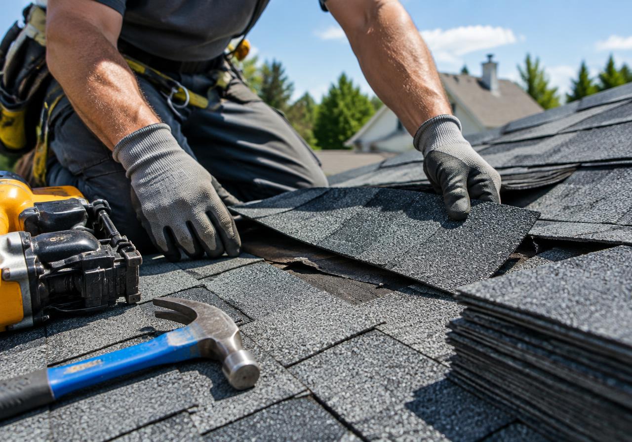 Roofer replacing damaged asphalt shingles on a residential roof